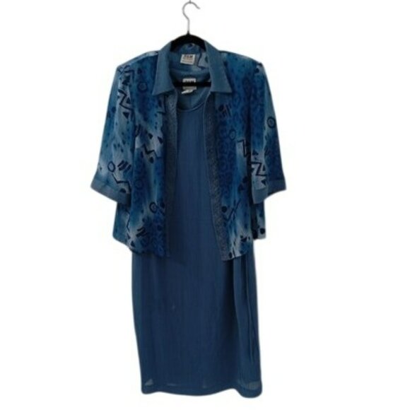 R&M Richards Petite 2-Piece Blue Dress & Jacket Set Size 16WP Abstract Pattern - Picture 1 of 16